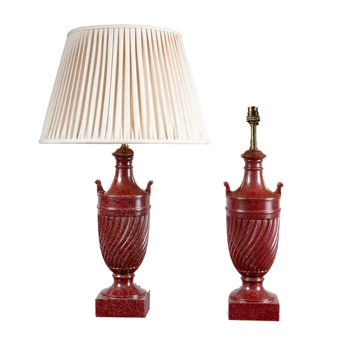 Classical Faux Porphyry Urns as Table Lamps pair with fluted bodies and square bases, one with pleated shade.