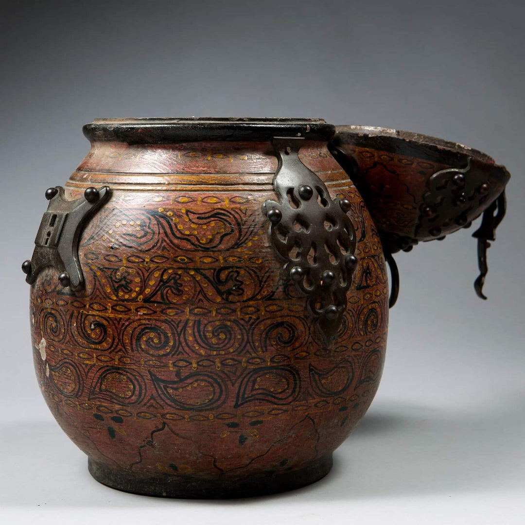 Rajasthani Wooden Jar and Cover with lacquer work and bronze mounts, circa 1880, 40 cm tall, 28 cm diameter.