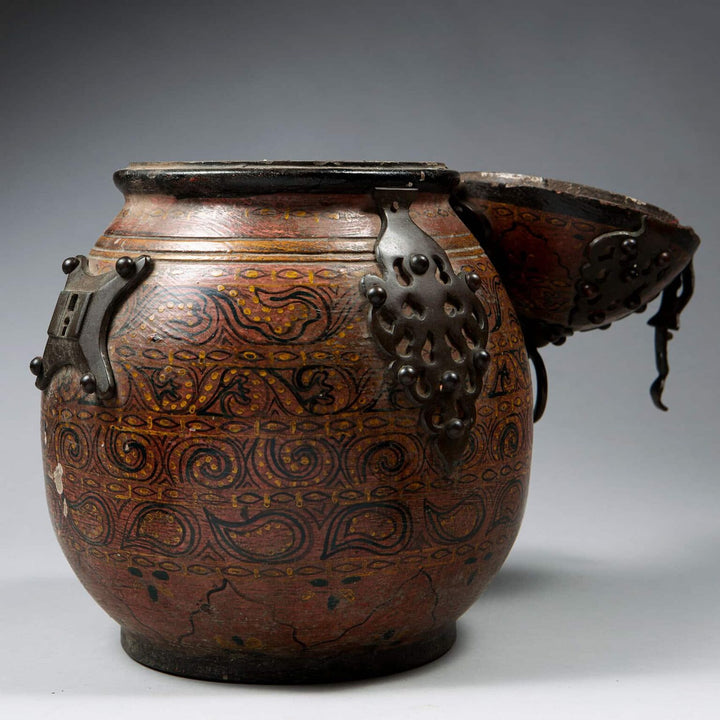 Rajasthani Wooden Jar and Cover with lacquer work and bronze mounts, circa 1880, 40 cm tall, 28 cm diameter.