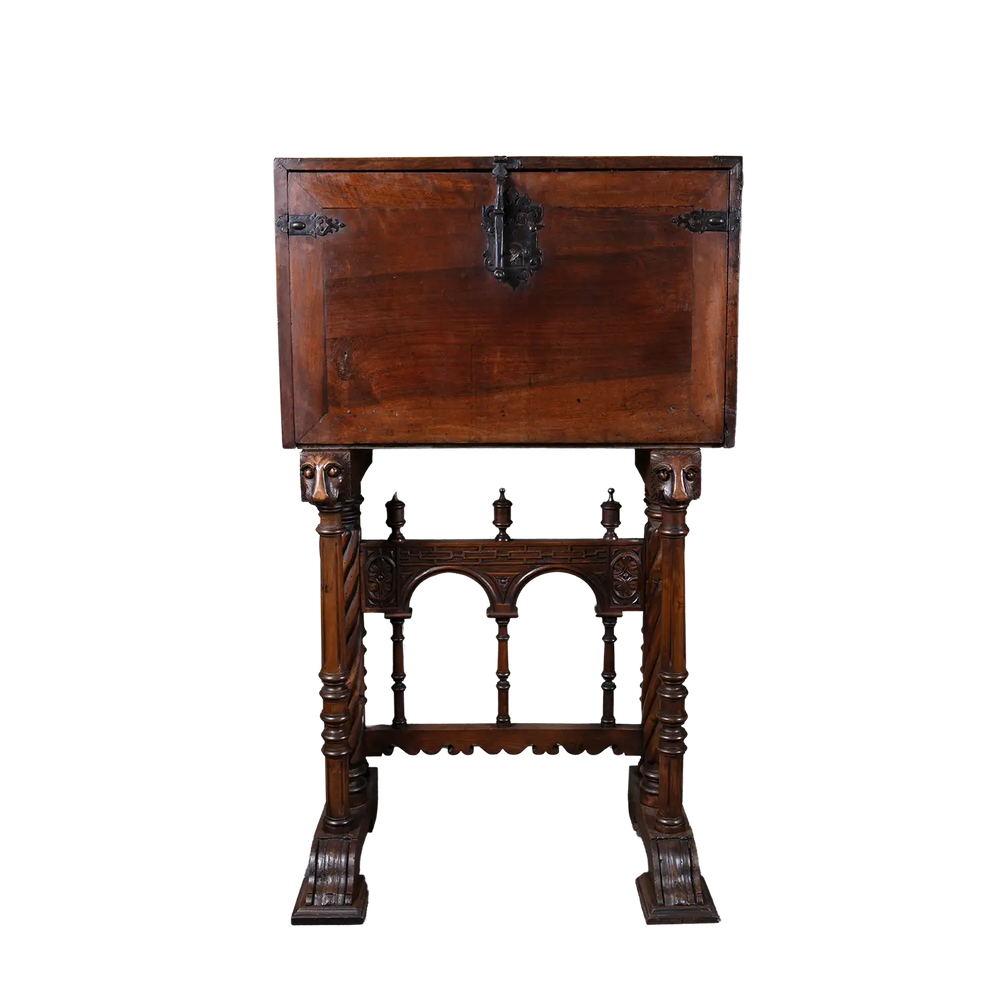 17th-century Spanish walnut Vargueno on stand with iron handles by Nicholas Wells Antiques, elegant Baroque craftsmanship