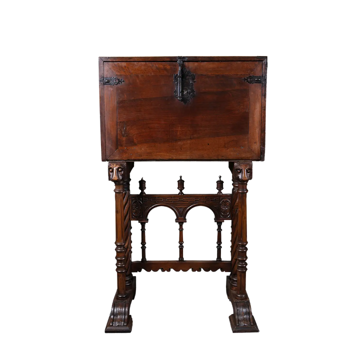 17th-century Spanish walnut Vargueno on stand with iron handles by Nwtiques, elegant Baroque craftsmanship