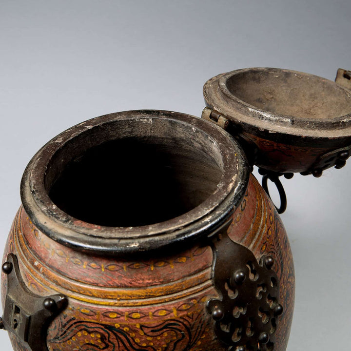 Rajasthani Wooden Jar and Cover with lacquer work, hinged lid, and bronze mounts, India circa 1880, 40 cm tall.