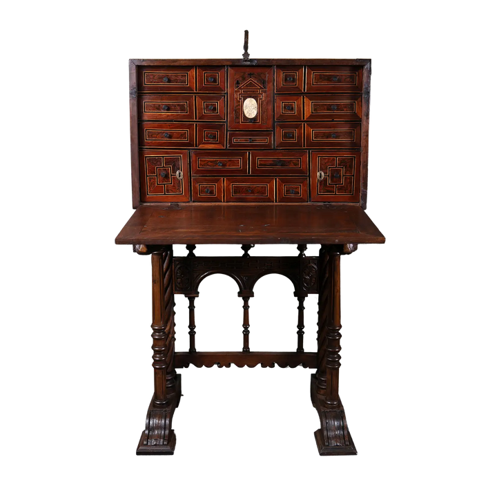 17th-century Spanish walnut Vargueno on stand with intricate drawers by Nwtiques