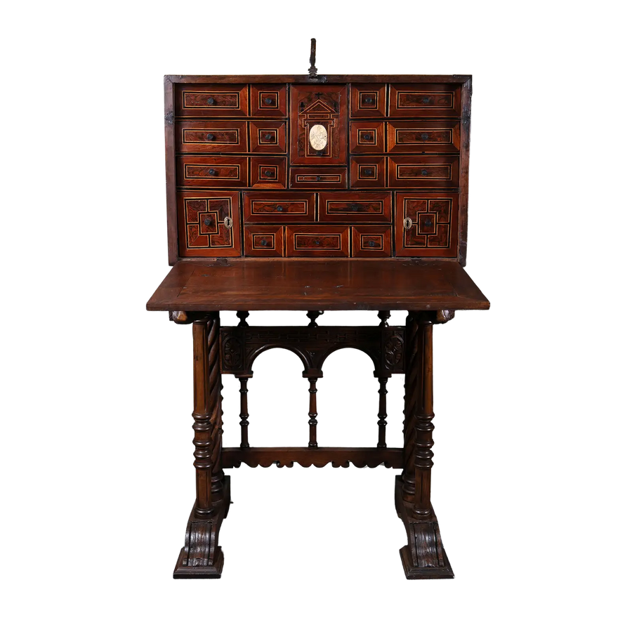 17th-century Spanish walnut Vargueno on stand with intricate drawers by Nicholas Wells Antiques