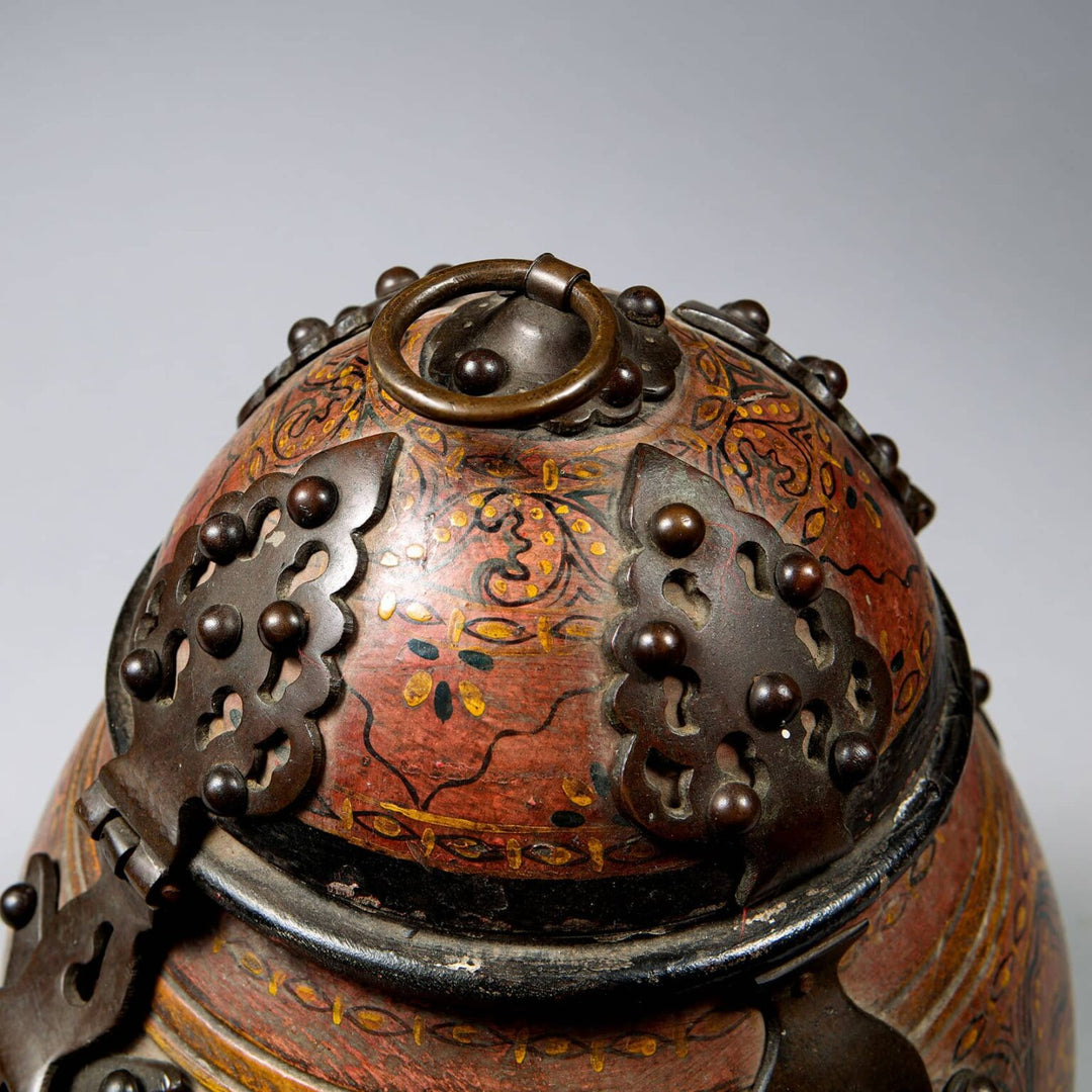 Rajasthani Wooden Jar and Cover with lacquer work and bronze mounts, circa 1880, 40 cm height, 28 cm diameter.