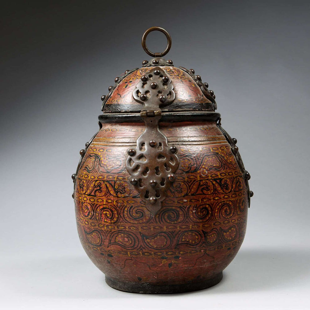 Rajasthani Wooden Jar and Cover with lacquer work and bronze mounts, antique Indian turned wooden jar circa 1880.