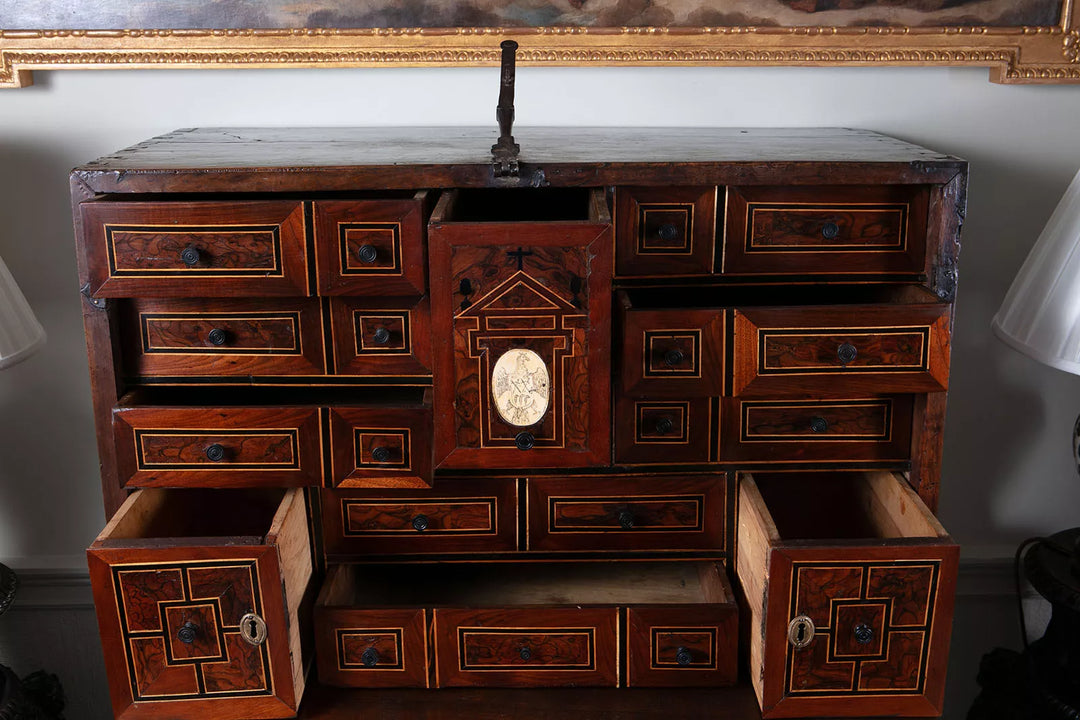 17th-century Spanish walnut Vargueno with eleven drawers and intricate inlay by Nwtiques