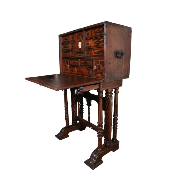 17th-century Spanish walnut Vargueno on stand by Nwtiques with detailed drawers and iron handles