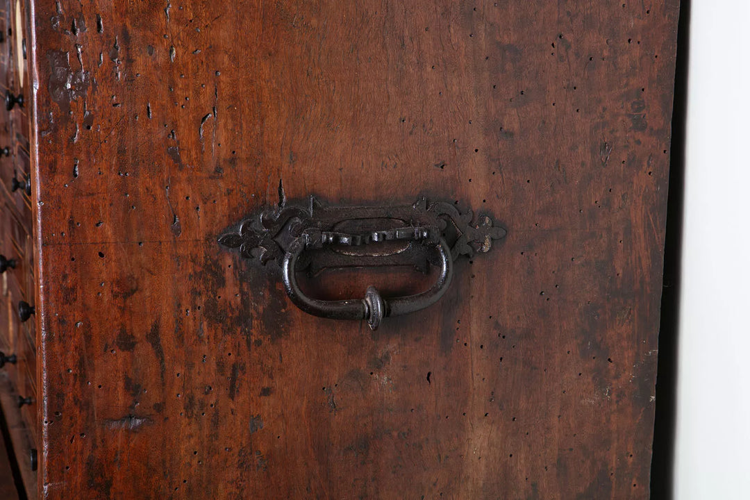 Close-up of original iron handle on 17th-century Spanish walnut Vargueno by Nwtiques