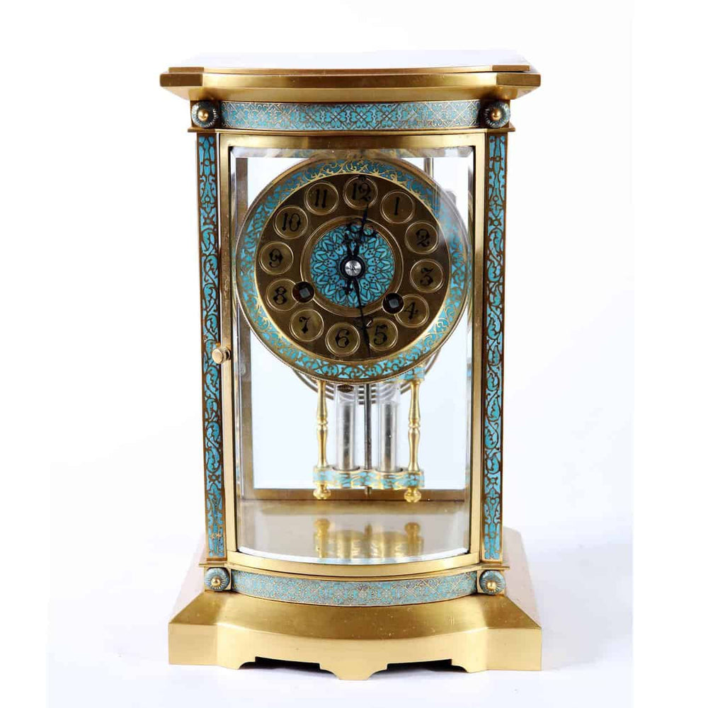 Champleve French carriage clock with blue enamel and mercury pendulum sold by Nicholas Wells Antiques