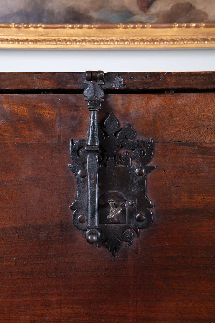 Detailed original iron shield-shaped lock plate on 17th century Spanish walnut Vargueno by Nwtiques