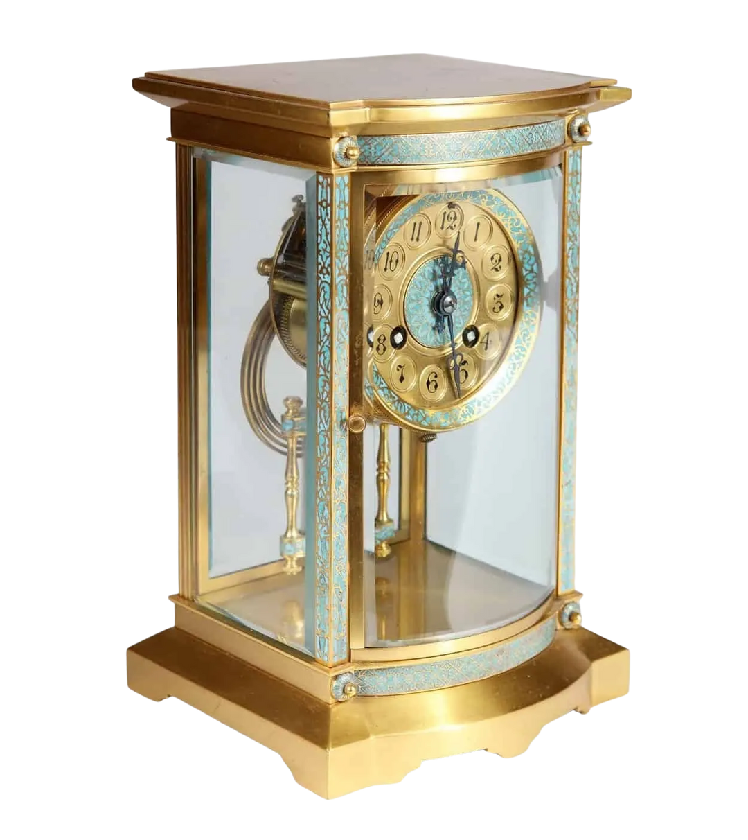 Champleve 8 day French carriage clock with blue enamel and mercury pendulum by Nwtiques circa 1880