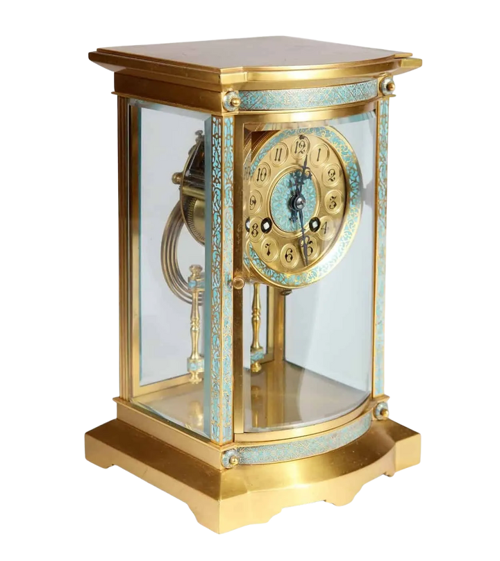 Champleve 8 day French carriage clock with blue enamel and mercury pendulum by Nwtiques circa 1880