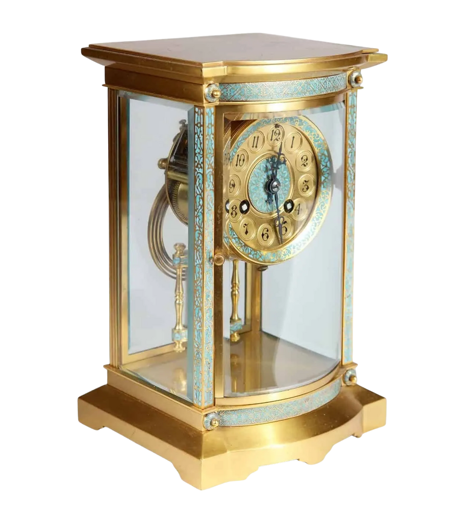 Champleve 8 day French carriage clock with blue enamel and mercury pendulum by Nicholas Wells Antiques circa 1880