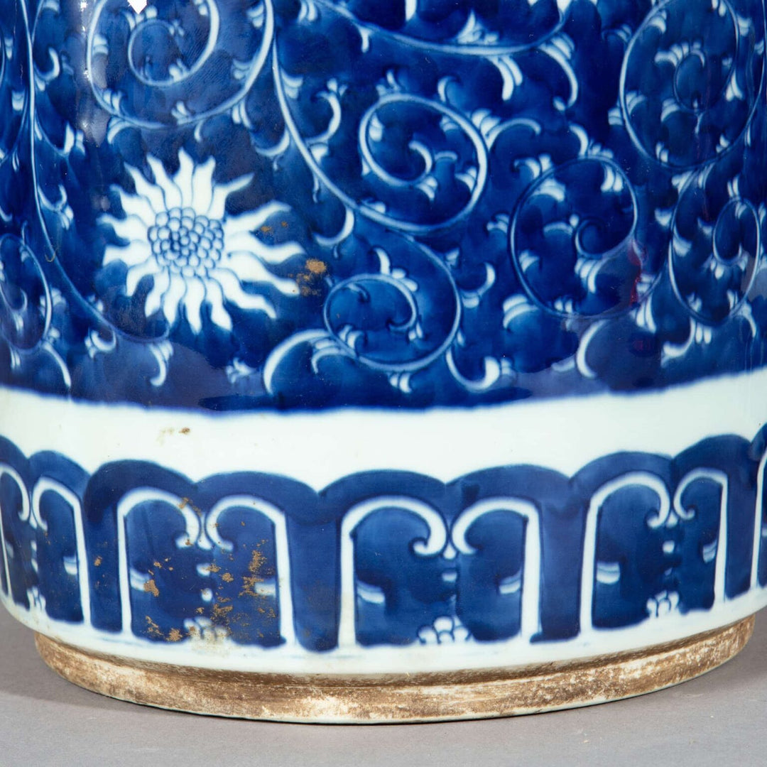 Pair of Chinese Blue and White Porcelain Ginger Jars as Lamps with floral and scroll designs circa 1900, 36cm tall.
