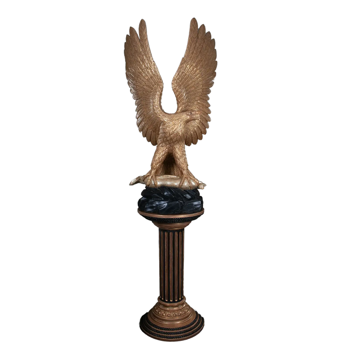 Carved Giltwood Eagle & Ebonised Column with gilded eagle capturing silver hare, mounted on a detailed ebonised column.
