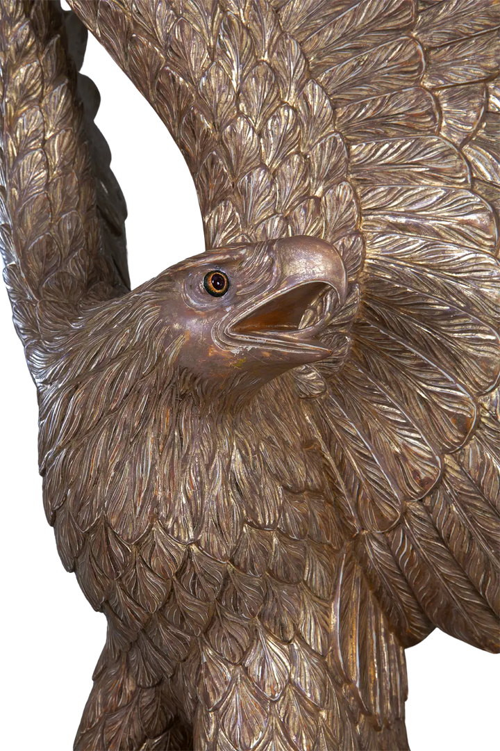 Carved Giltwood Eagle & Ebonised Column close-up showing detailed gilded feathers and lifelike expression.