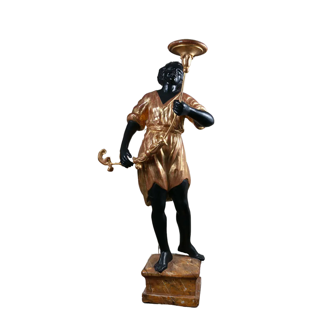 19th century Italian Blackamoor figure in gilt attire holding torchere on painted plinth by Nwtiques