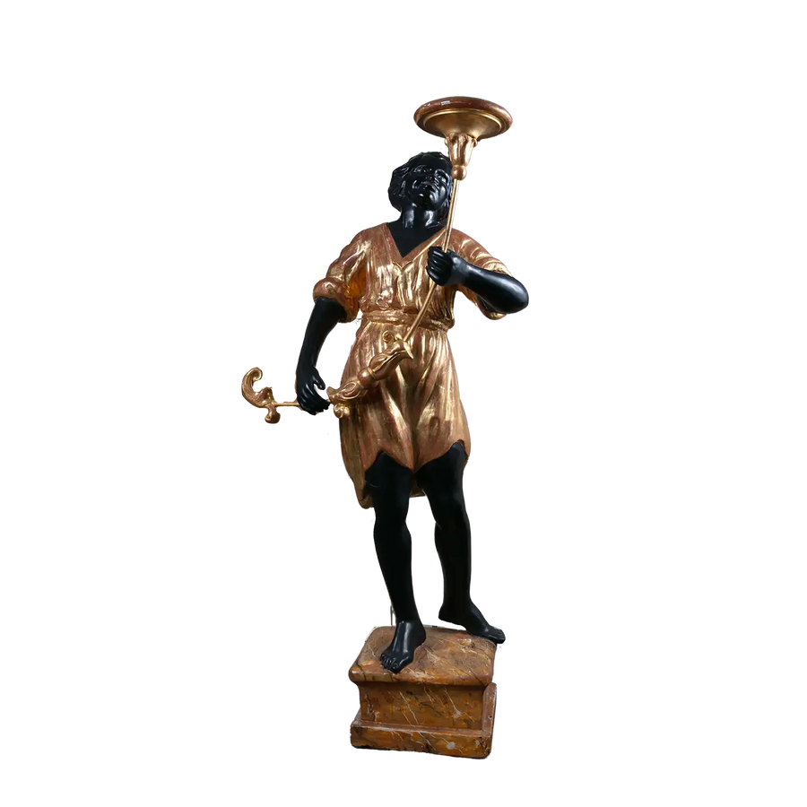 19th century Italian Blackamoor figure in gilt attire holding torchere on painted plinth by Nicholas Wells Antiques