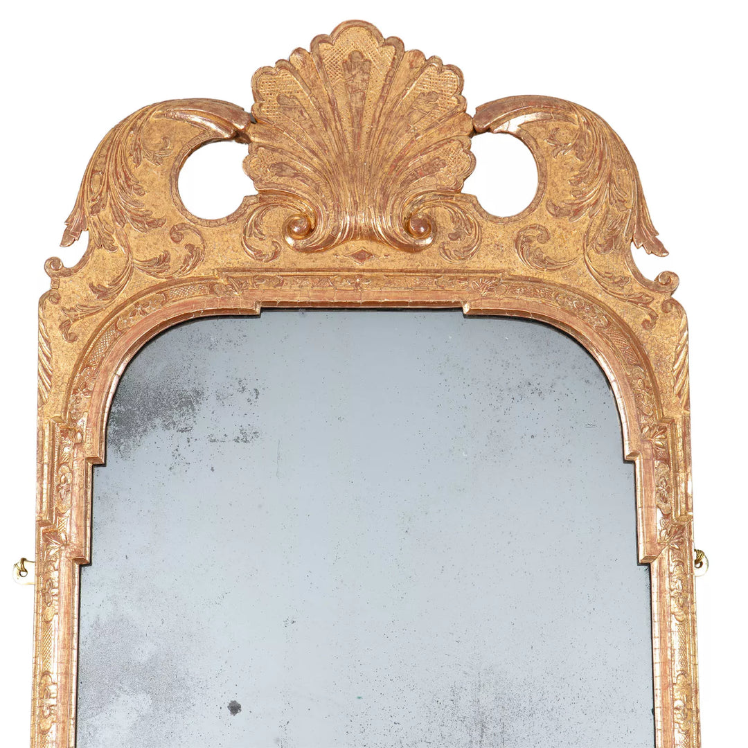 George I Gilt Gesso Girandole with ornate gilt frame, shell and scrolling vine details, original mirror plate England circa 1720