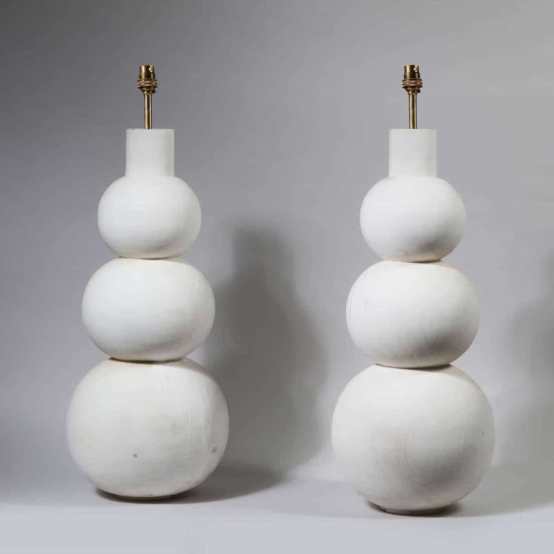 Pair of Tall Triple Gourd Turned Lamps by Andrew Allfree, wooden, France circa 2000, 61 cm tall, white finish.