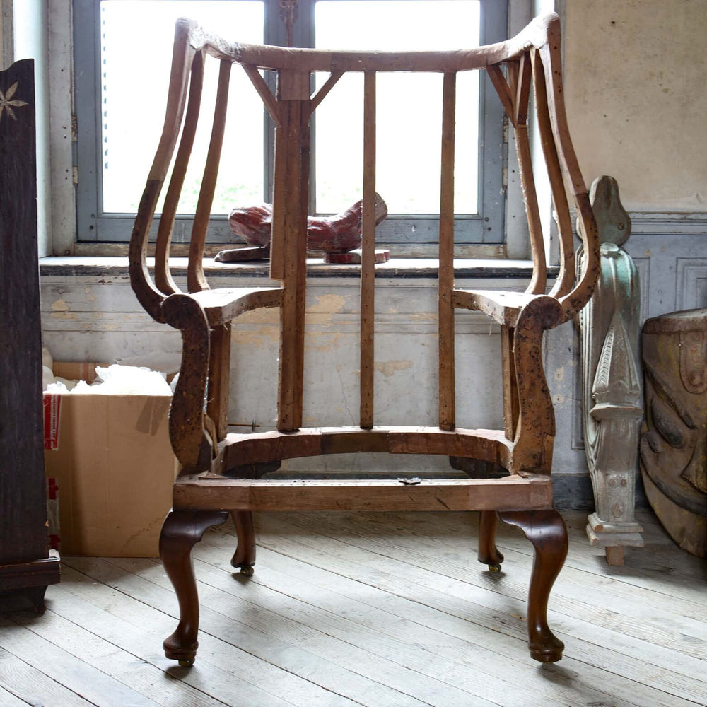 Early Georgian wing chair frame by Collection EE30 with elegant cabriole legs and authentic eighteenth-century craftsmanship