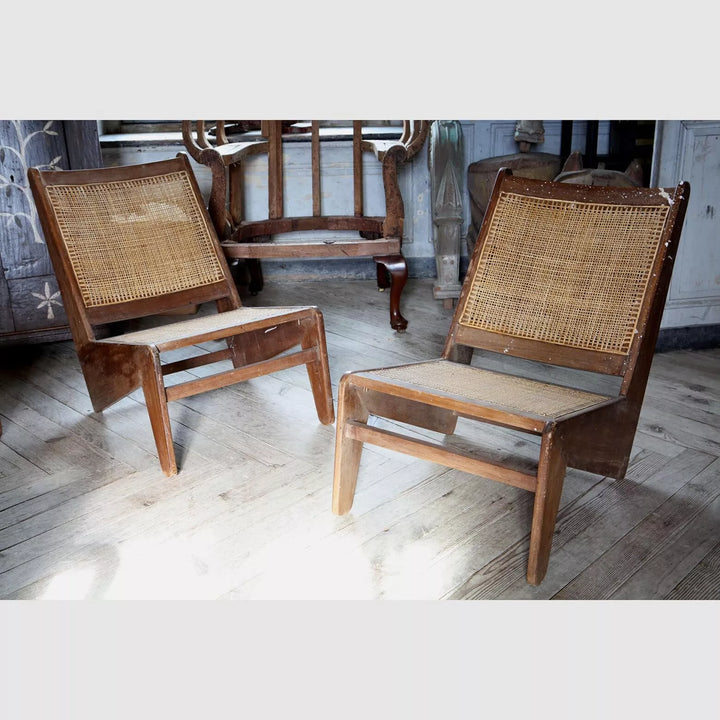 Pair of vintage Kangaroo Chandigarh Chairs with teak frames and woven cane seats by Collection EE30, circa 1960.
