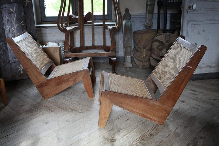 Pair of vintage Kangaroo Chandigarh Chairs with teak frames and woven cane seats from Collection EE30.