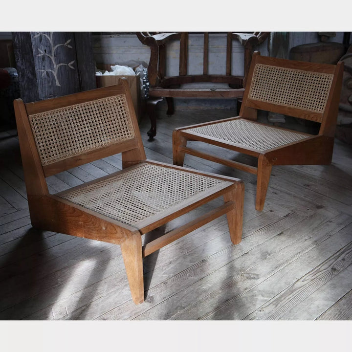 Pair of teak and cane Kangaroo Chandigarh Chairs with woven seats, mid-century modern design by Collection EE40.