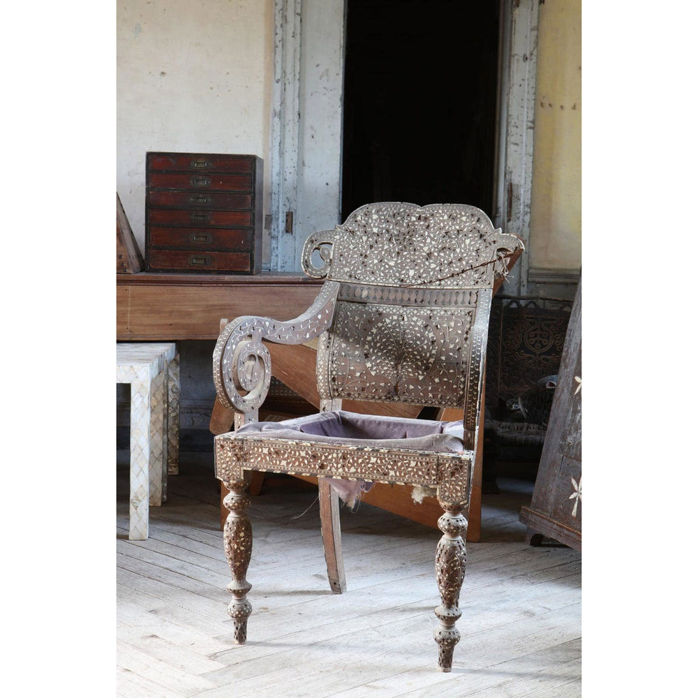 19th-century Hoshiarpur bone inlaid armchair with intricate patterns, wood frame, Collection EE30 elegant antique seating.