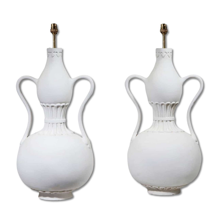 Pair of Swan Neck Double Gourd Lamps By Andrew Allfree, white painted with swan neck handles, France circa 2000.