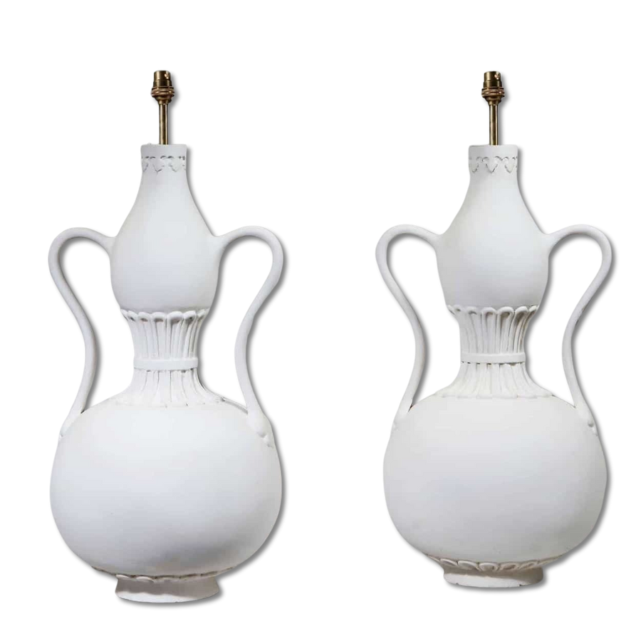 Pair of Swan Neck Double Gourd Lamps By Andrew Allfree, white painted with swan neck handles, France circa 2000.