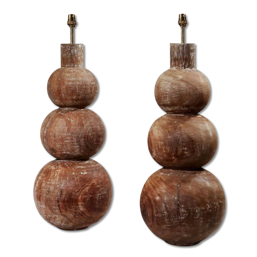 Pair of Tall Triple Gourd Turned Lamps made of wood by Andrew Allfree, France, circa 2000, height 61 cm each.
