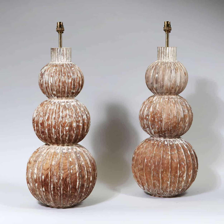 Pair of Tall Triple Gourd Turned Lamps made of wood by Andrew Allfree, France, circa 2000, height 61 cm each.