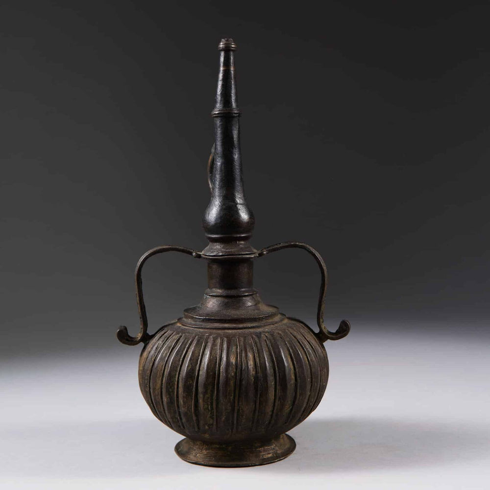 Mughal Bronze Rosewater Sprinkler with elongated neck and scrolled handles from Collection EE20, India circa 1850