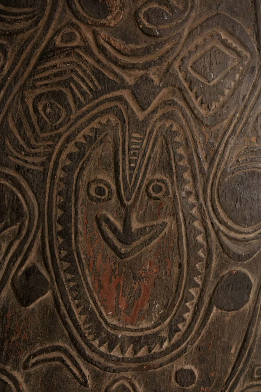 Close-up of a carved face design on a 19th-century Papua New Guinea war shield from Collection ON10