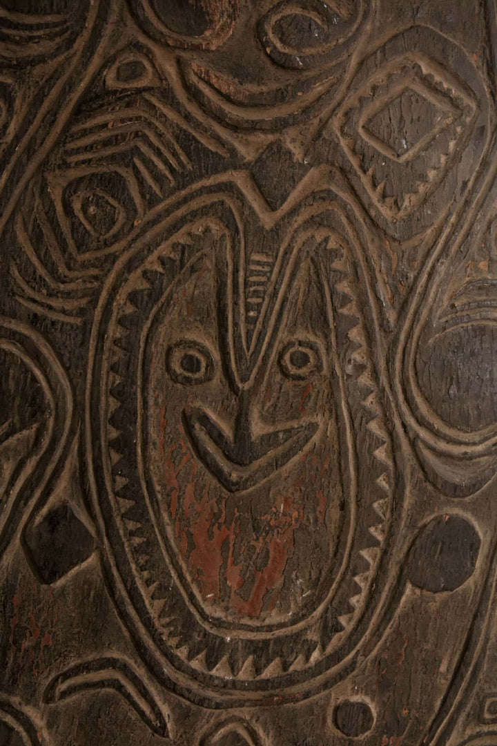 Close-up of a carved face design on a 19th-century Papua New Guinea war shield from Collection ON10