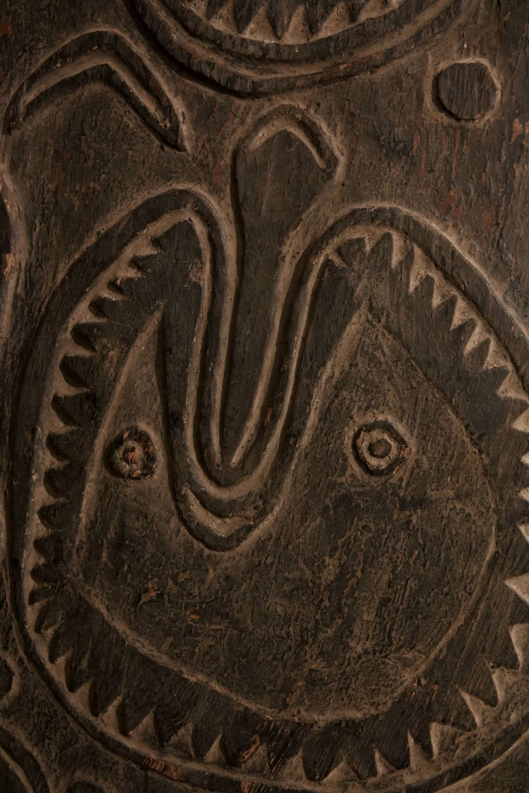 Close-up of intricate carved detail on 19th-century Bahinemo war shield from Collection ON10