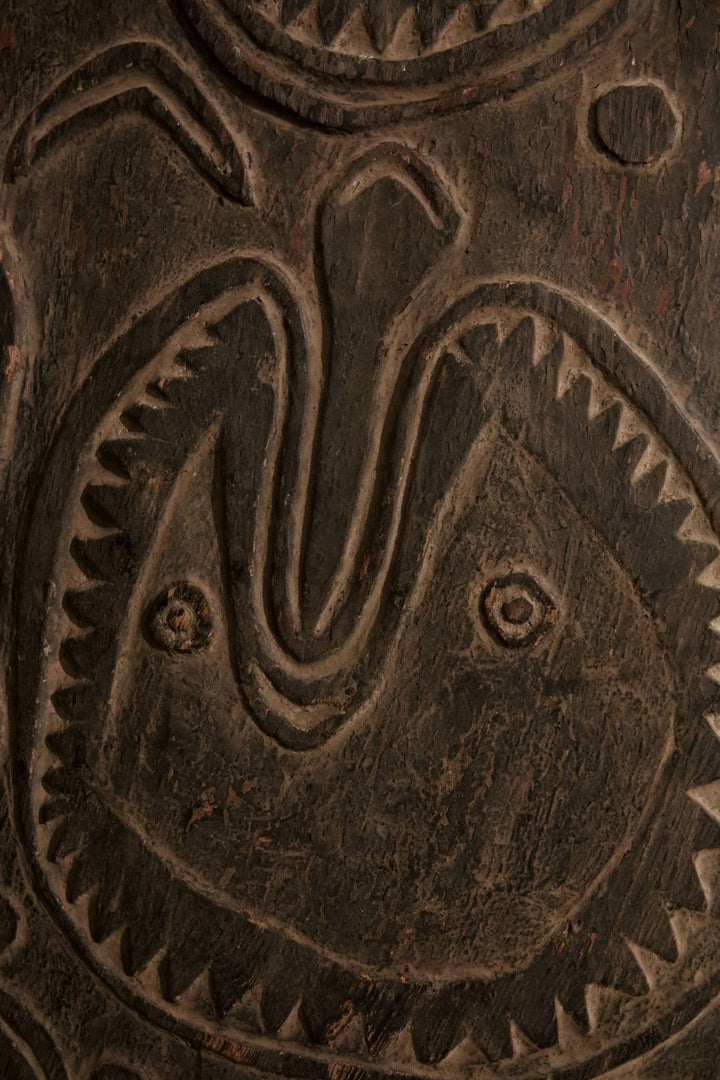 Close-up of intricate carved detail on 19th-century Bahinemo war shield from Collection ON10