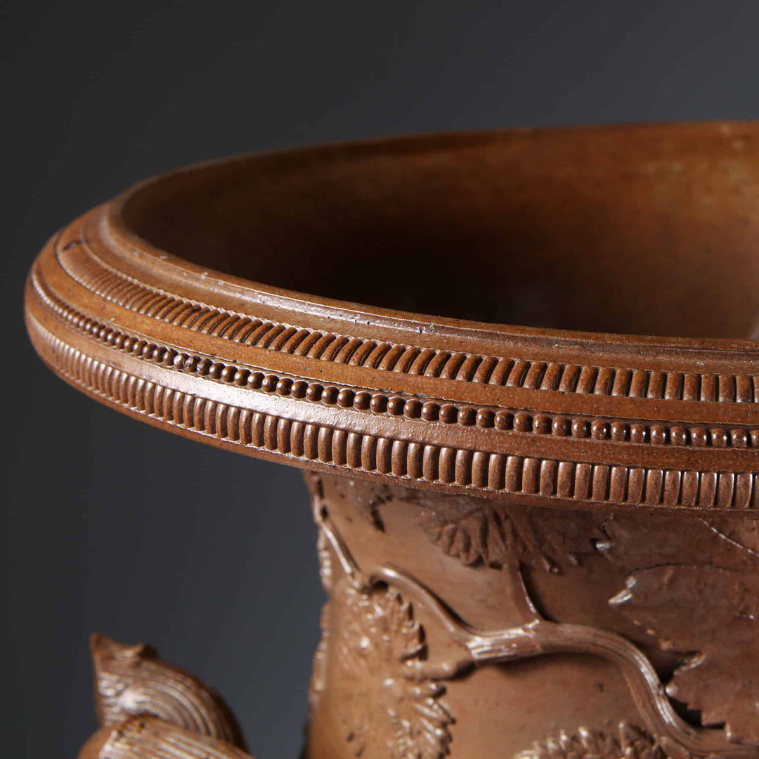 Close-up of brown glazed stoneware vase rim with intricate detailing by Jules-Claude Ziegler from Collection EE20
