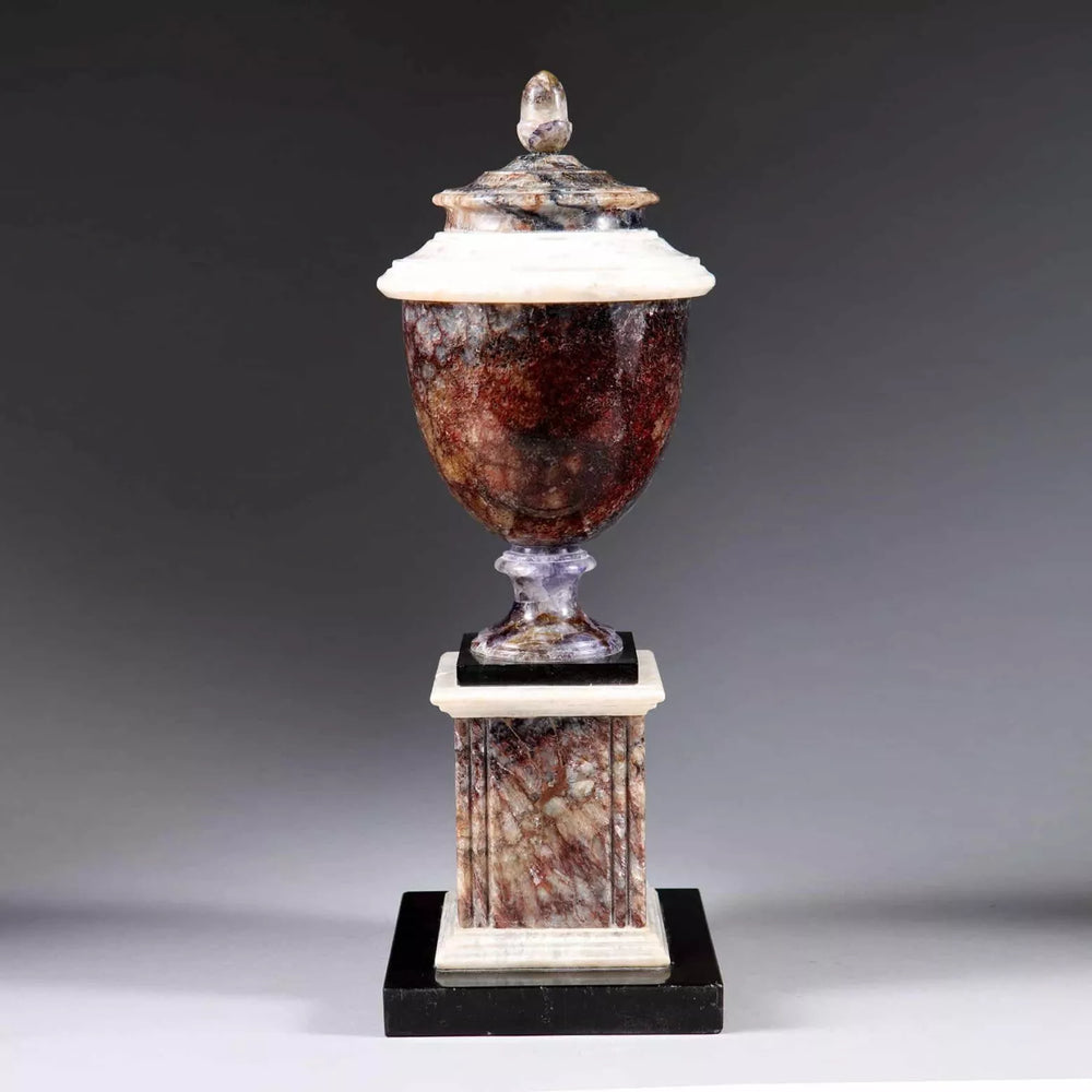 George III Derbyshire Blue John urn on stepped marble base from Collection TH20 with rich veining and classical design