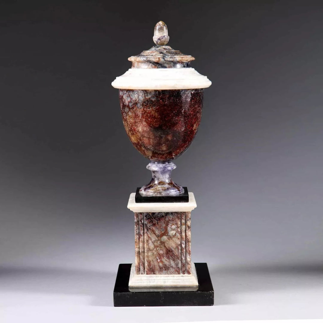 George III Derbyshire Blue John urn on stepped marble base from Collection TH20 with rich veining and classical design