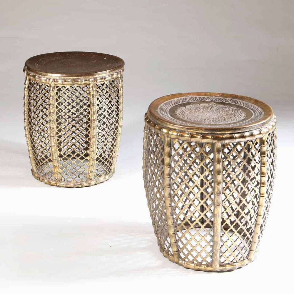 Pair of pierced faux bamboo brass stools with intricate lattice design from Collection EE30 vintage India circa 1970