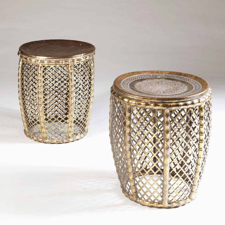 Pair of pierced faux bamboo brass stools with intricate lattice design from Collection EE30 vintage India circa 1970