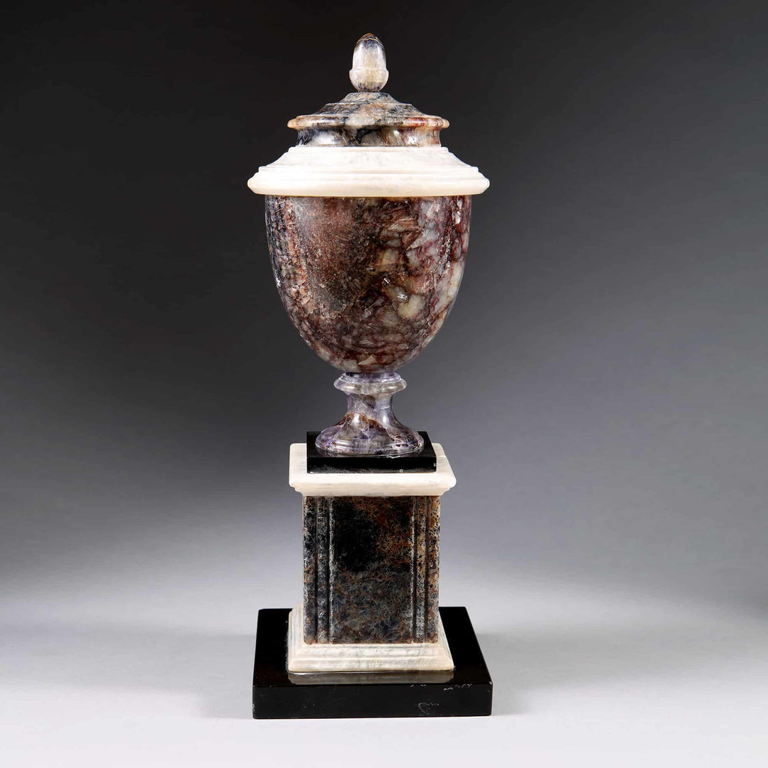 George III Derbyshire Blue John urn on marble pedestal by Collection TH20, circa 1800, elegant Georgian decorative art piece