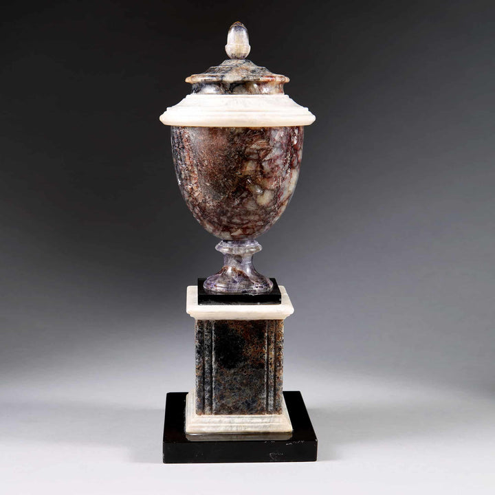 George III Derbyshire Blue John urn on marble pedestal by Collection TH20, circa 1800, elegant Georgian decorative art piece