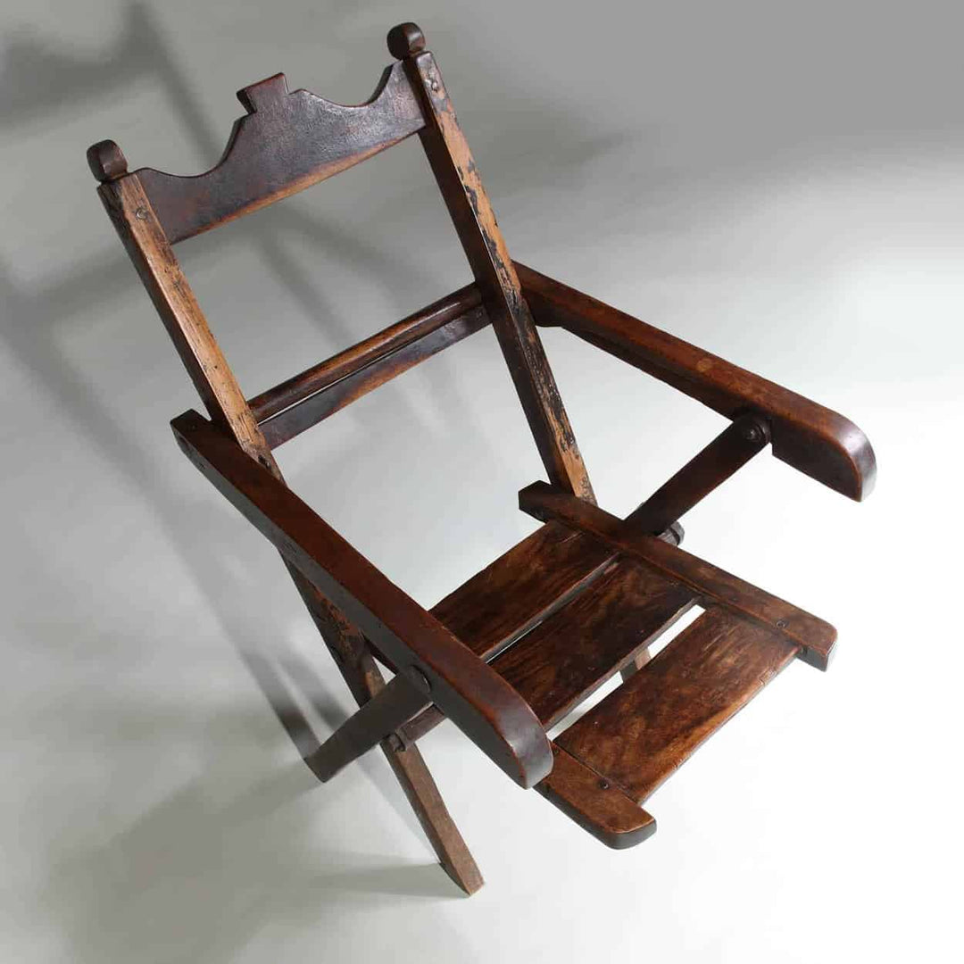 Exotic hardwood folding chair with worn patina and rustic Asian design from Collection EE30 circa 1900 vintage style.