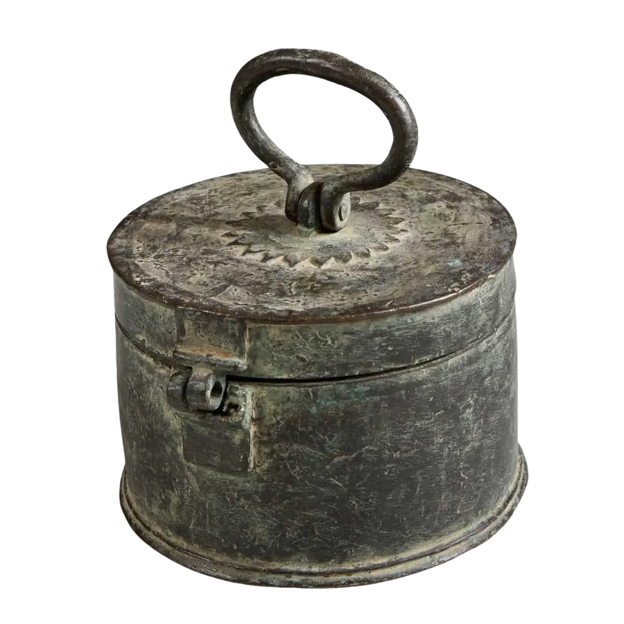 19th Century Indian circular bronze box with hinged lid and large central handle from Collection EE10
