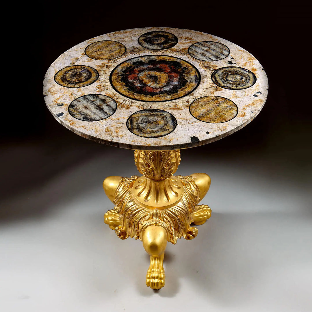 Specimen Derbyshire Blue John and Lemon Spar centre table with giltwood base by The Sold Archive