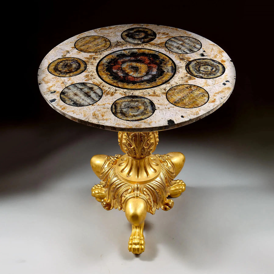 Specimen Derbyshire Blue John and Lemon Spar centre table with giltwood base by The Sold Archive